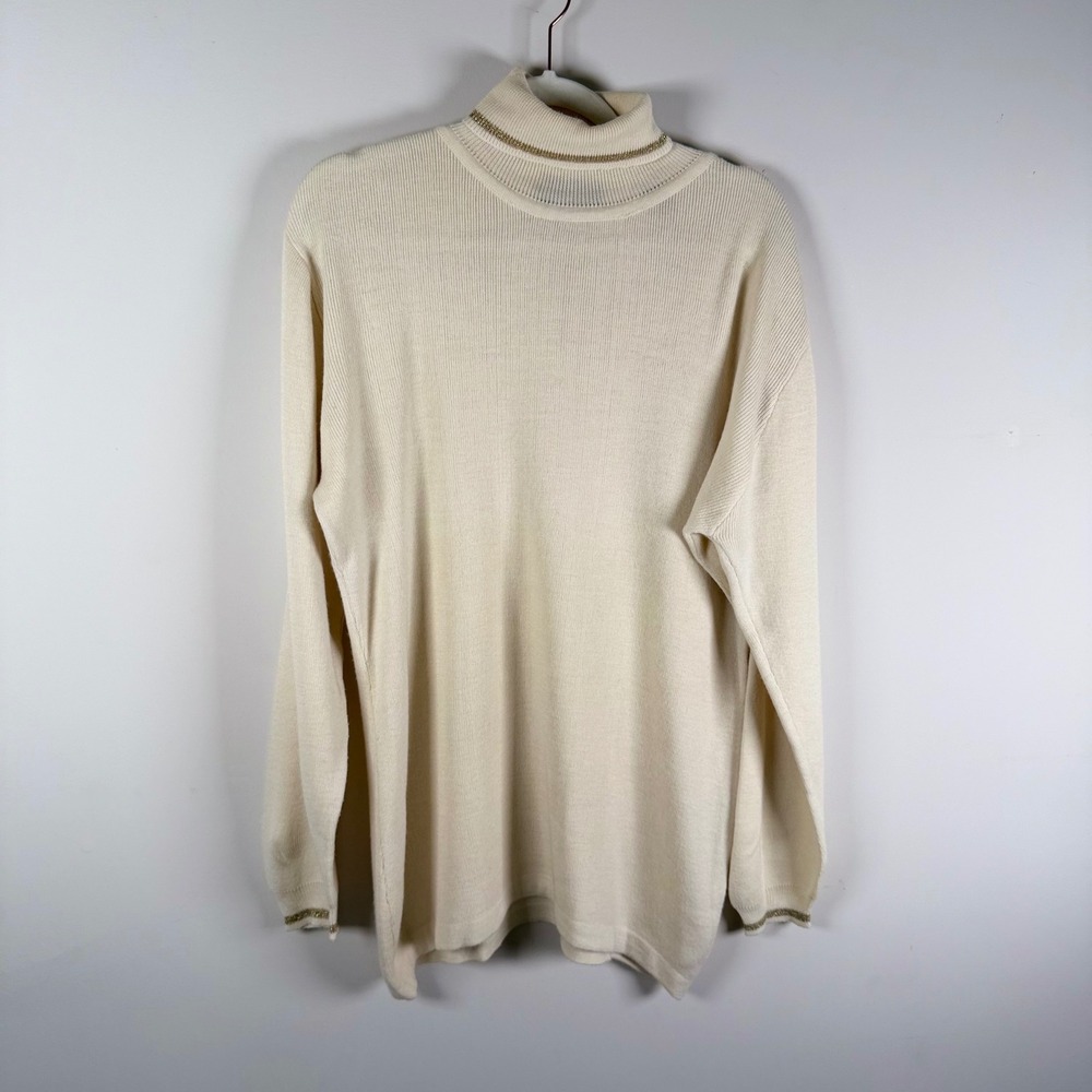 Regatta Sport Mens Large Cream Wool Blend Turtleneck Sweater Gold Lurex Trim